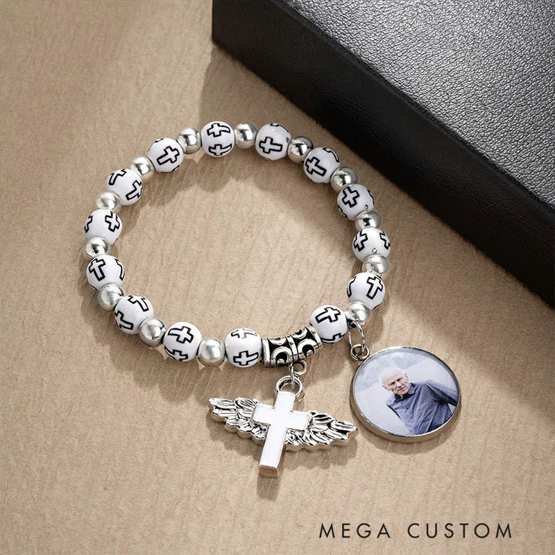 Personalized Cross Elastic Cord Commemorative Bracelet with Photo Religious Christmas Gift for Christian