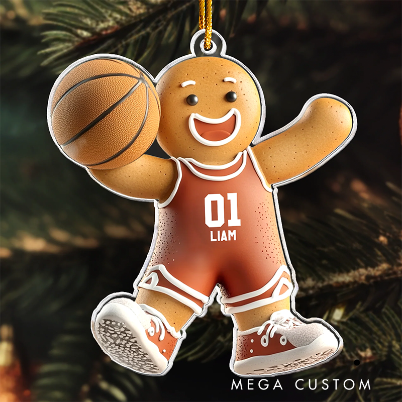 Personalized Gingerbread Basketball Player Ornament with Custom Name and Number Design
