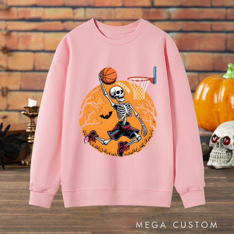 Personalized Halloween Basketball Sweatshirt with Skeleton Dunking Design and Custom Name