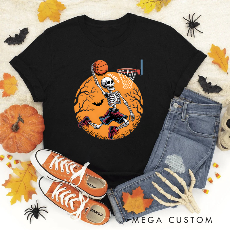 Personalized Halloween Basketball T-Shirt with Skeleton Dunking Design and Custom Name