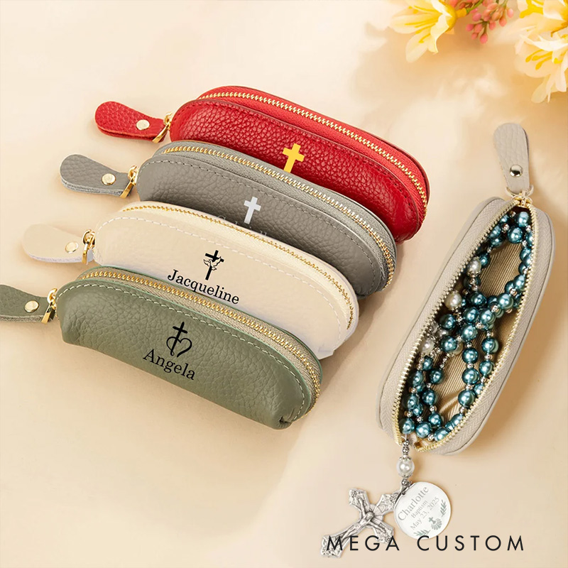Personalized Cross Multicolor Mini PU Leather Coin Purse Rosary Bag with Name Birthday Religious Baptism Gift for Christians Catholic