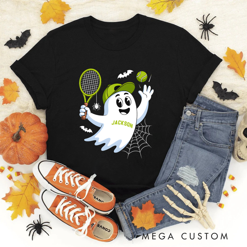 Personalized Halloween Tennis T-Shirt with Cute Ghost and Custom Name Design