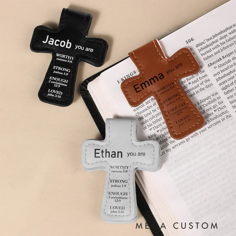 Personalized Inspirational Bible Verses Cross PU Leather Magnetic Bookmark Clip First Communion Baptism Back to School Gift for Christians Bookworms