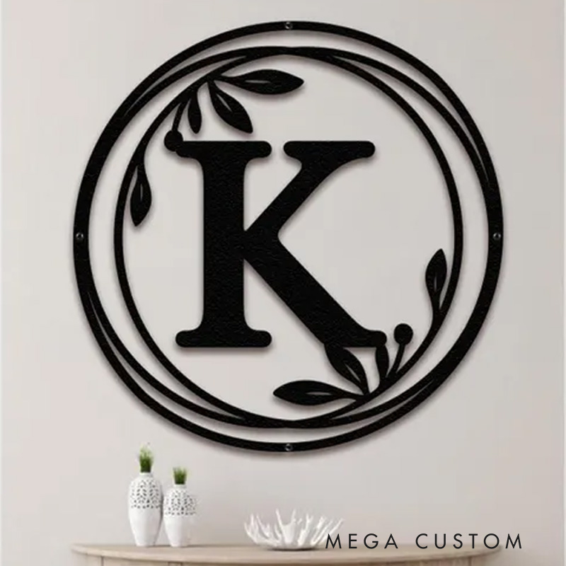 Personalized Metal Monogram Wreath Sign Circle Monogram Letter Sign with Leaves Custom Wall Decor Front Door Hanger Round Monogram