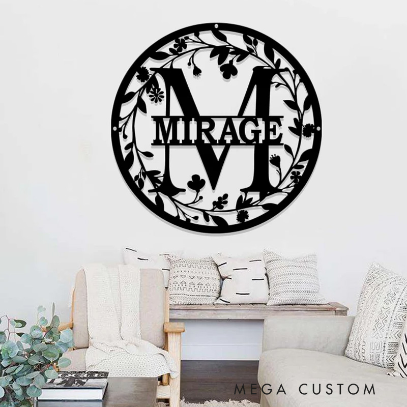 Personalized Metal Circle Letter Monogram with Vines Wall Monogram Sign Couples Gift Letter Decor Letter Vine Monogram Wedding Gift Metal Sign