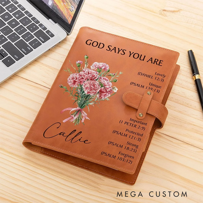 Personalized God Says You Are Bible Birth Flower Portable A5 Leather Notebook Cover with Pocket Birthday Inspirational Gift for Women Students