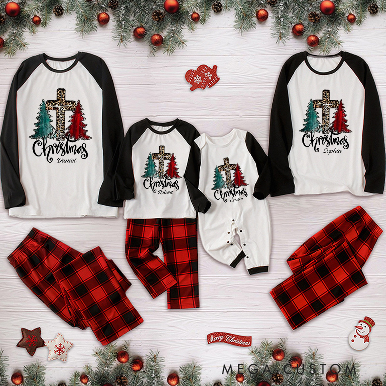 Personalized Merry Christmas Leopard Print Cross Long Sleeve Family Pajama Matching Set with Name Christmas Tree Jesus Pajama Religion Xmas Gift