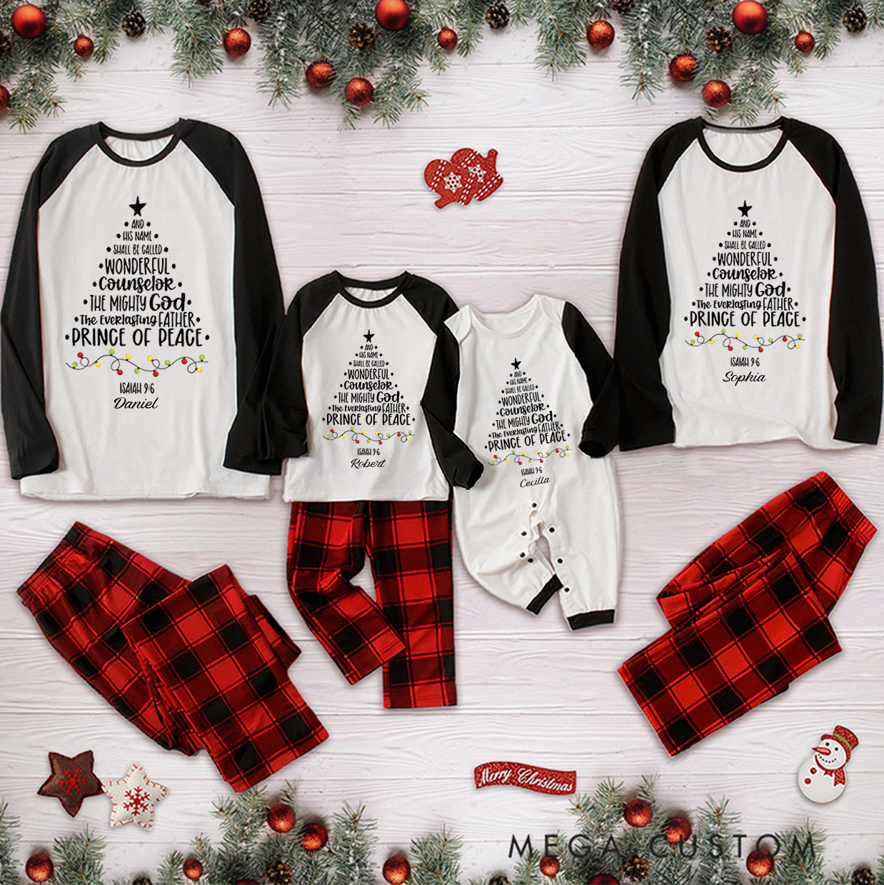 Personalized His Name Shall be Jesus Long Sleeve Family Pajama Matching Set with Name Christian Xmas Tree Pajama Christian Christmas Gifts