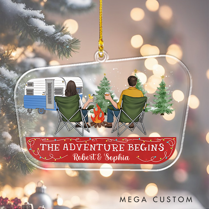 Personalized Camping Couple the Adventure Begins Christmas Ornament Outdoor Lover Christmas Decor Gift Hiking Lovers
