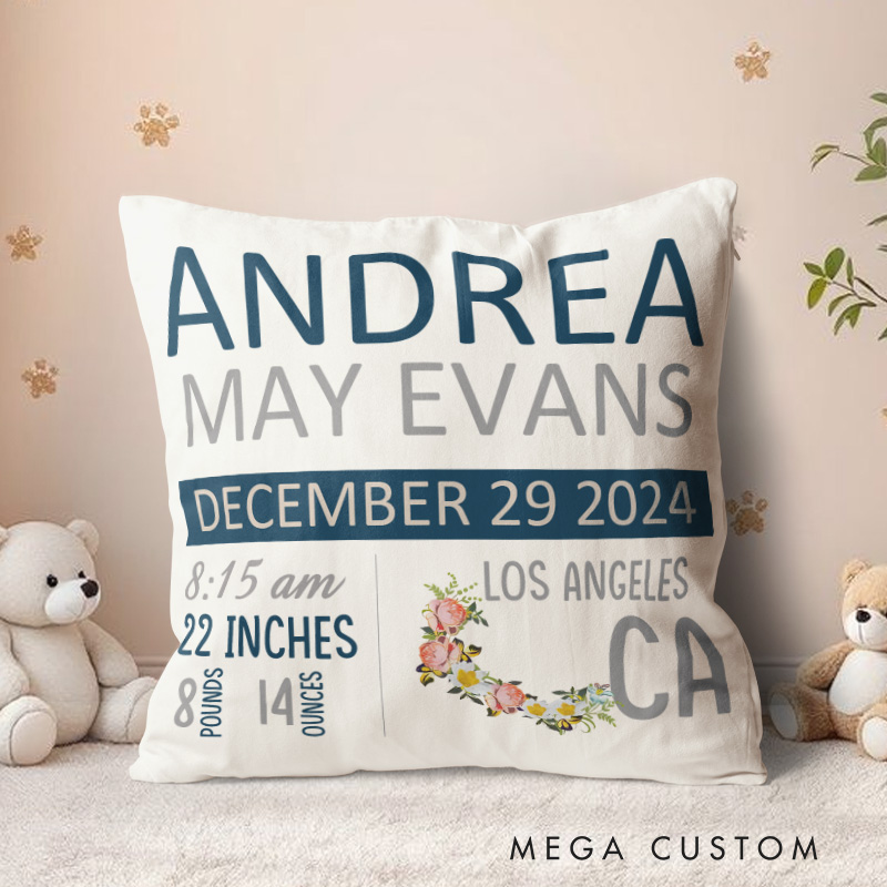 Personalized Birth Stats Throw Pillows Highlighting Baby's Name Date Measurements Throw Pillows