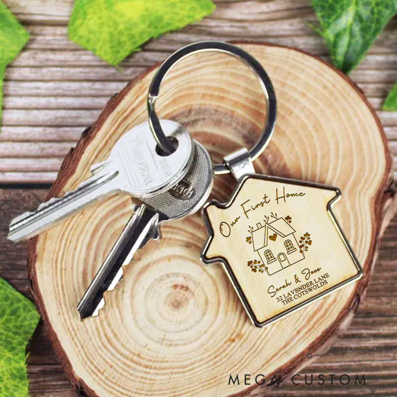 Personalized Our First Home Wooden Keychain Custom Engraved Couple Name Key Ring Housewarming Gift New Home Keepsake