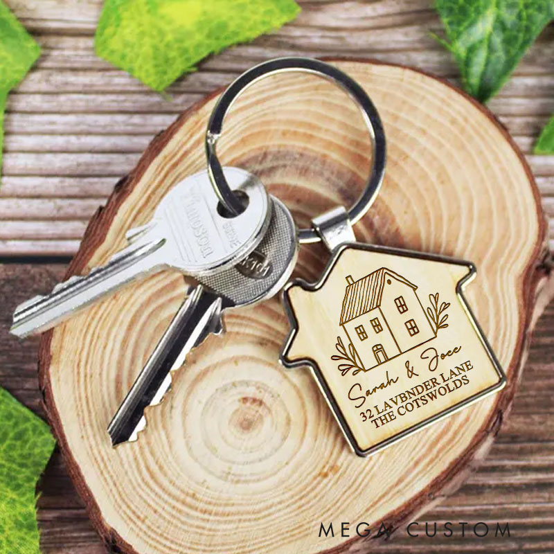Personalized Wooden House Keychain Custom Housewarming Gift New Home Keepsake Engraved Address and Couple Name Key Ring Unique Moving Gift