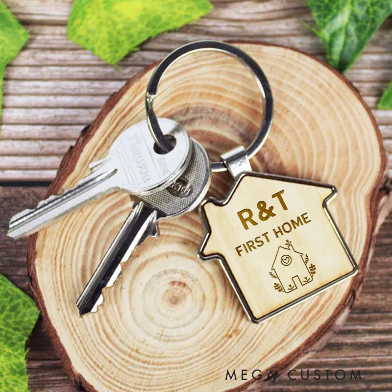 Personalized First Home Wooden Keychain Custom Housewarming Gift New Home Keepsake Engraved Initials and Name Key Ring Unique Moving Gift
