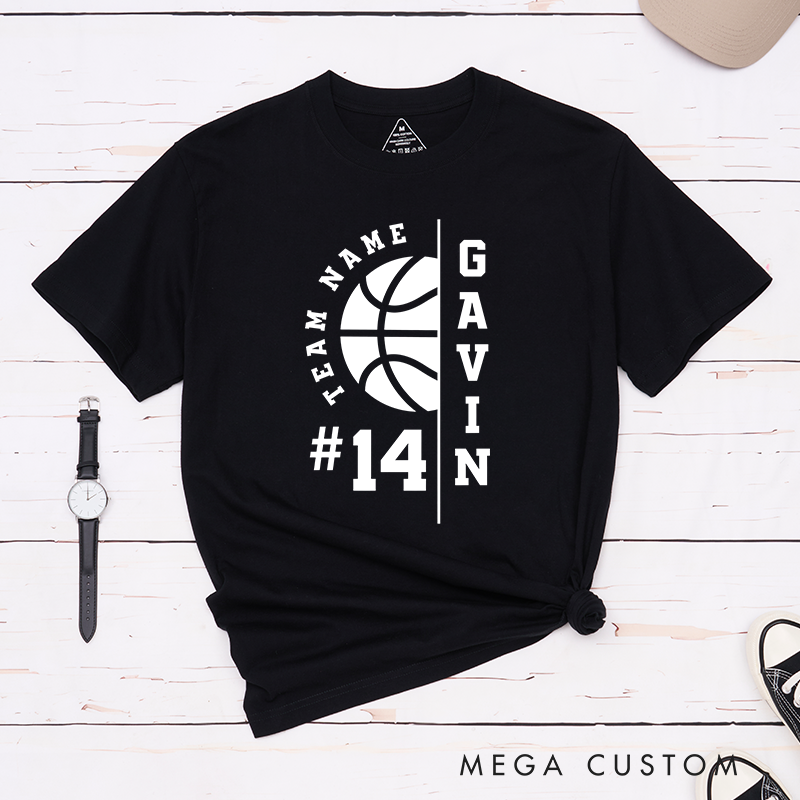 Personalized Basketball T-Shirt with Custom Team Name, Player Name, Jersey Number, and Bold Basketball Graphic