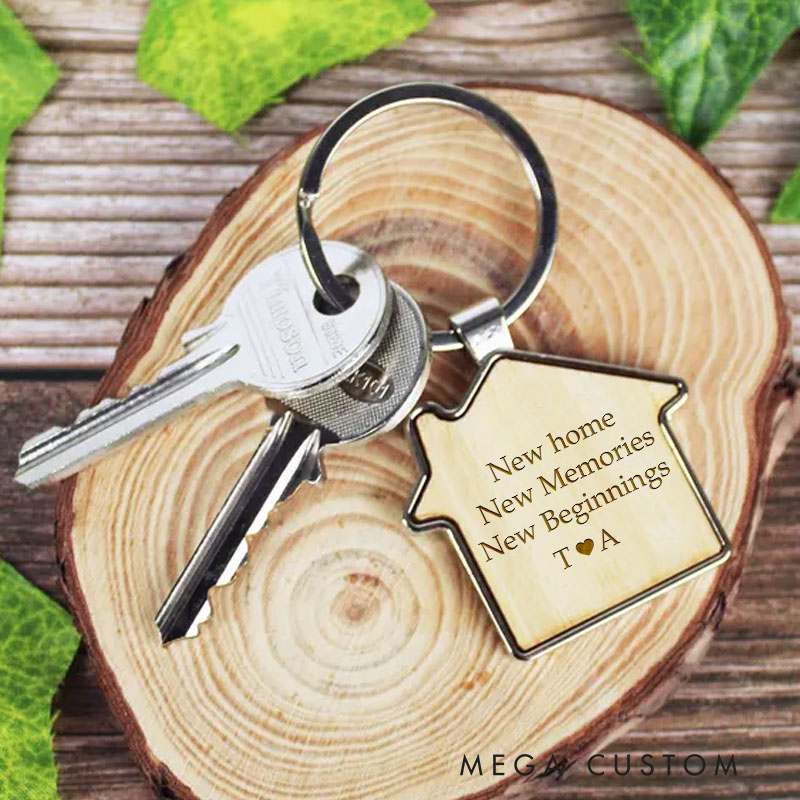 Personalized New Home Wooden Keychain Custom Housewarming Gift Engraved New Memories New Beginnings Initials Key Ring Unique Moving Keepsake Token
