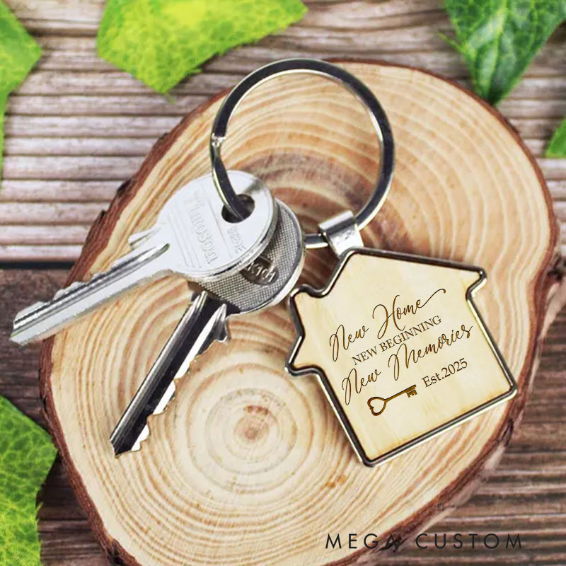 Personalized New Home Wooden Keychain Custom Housewarming Gift Engraved New Beginnings New Memories Key Ring Unique Moving Keepsake
