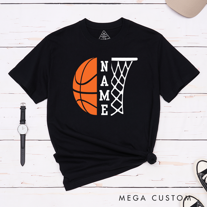Personalized Basketball T-Shirt with Custom Name Featuring a Bold Basketball Graphic and Stylish Hoop Design for a Unique Sports Look