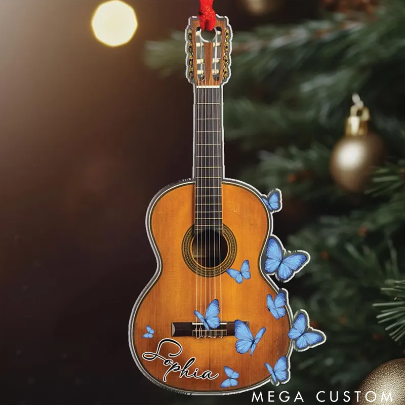 Personalized Acoustic Guitar Ornament Custom Guitar Butterfly Ornament Christmas Gift for Guitarist Guitar Player Gift