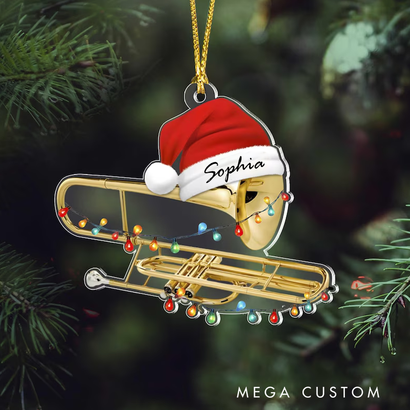 Personalized Trombone Christmas Ornament with Santa Hat Acrylic Music Ornament Musician Holiday Gift
