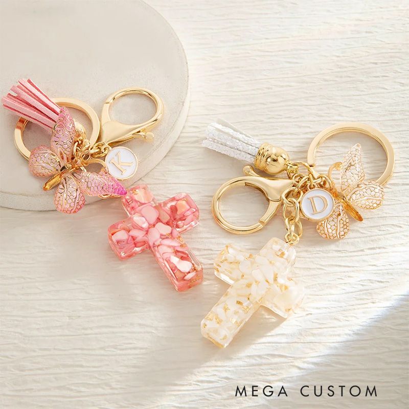 Personalized Gradient Butterfly Cross Charm Keychain with Initial and Tassel Prayer Religious Birthday Gift for Women Christian