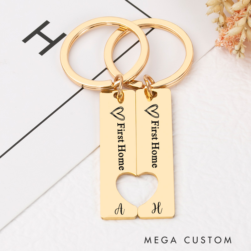 Personalized First Home Keychain Set Custom Housewarming Gift Engraved Heart Design Initials Key Ring Unique New Home Keepsake for Couples Moving Gift