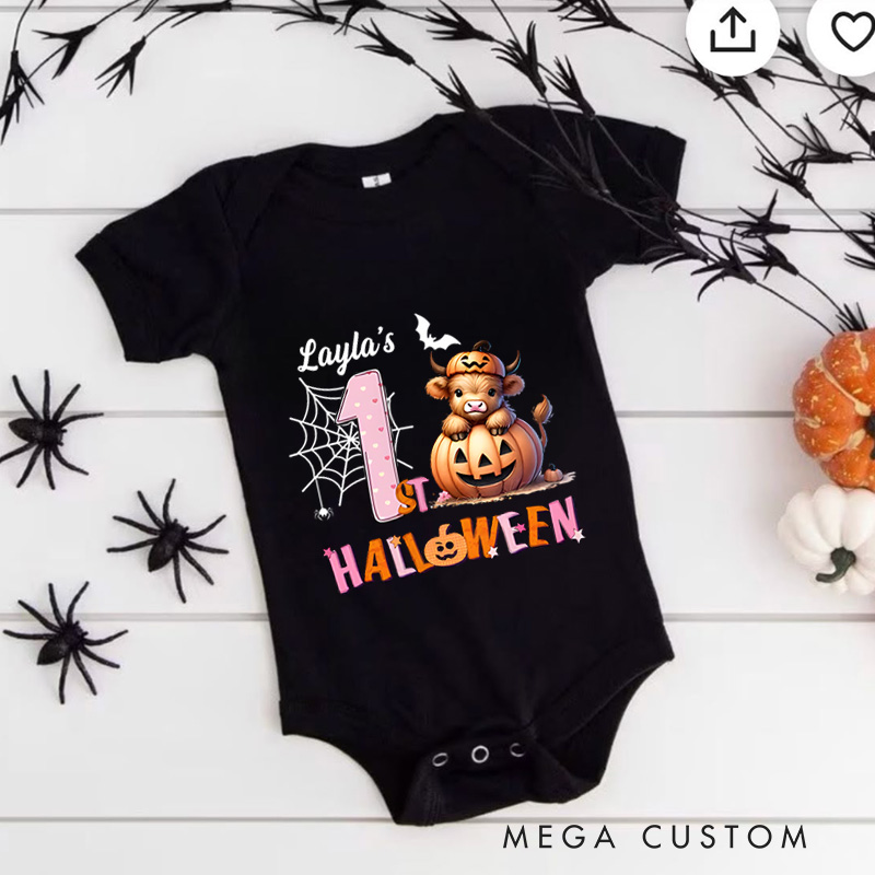 Personalized Spider Web and Pumpkin Design for Baby's First Halloween Celebration Baby Onesie
