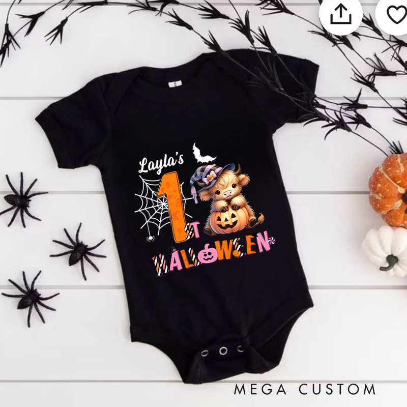 Personalized Halloween Baby Onesie with Cute Cow and Pumpkin Design Featuring Spider Web and Bat Accents for Festive Fun