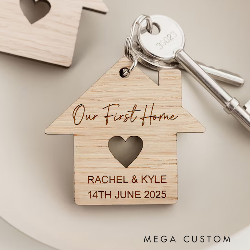 Personalized Our First Home Wooden Keychain Custom Housewarming Gift Engraved Names Date Heart Design Key Ring Unique New Home Keepsake Moving Gift