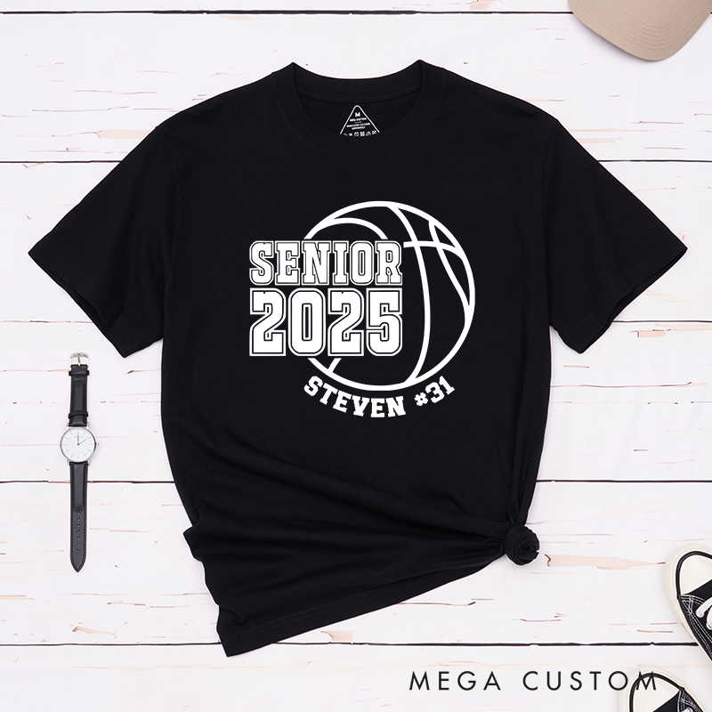 Personalized Senior 2025 Basketball T-Shirt with Custom Name and Jersey Number Featuring a Classic Basketball Graphic for a Trendy School Spirit Look