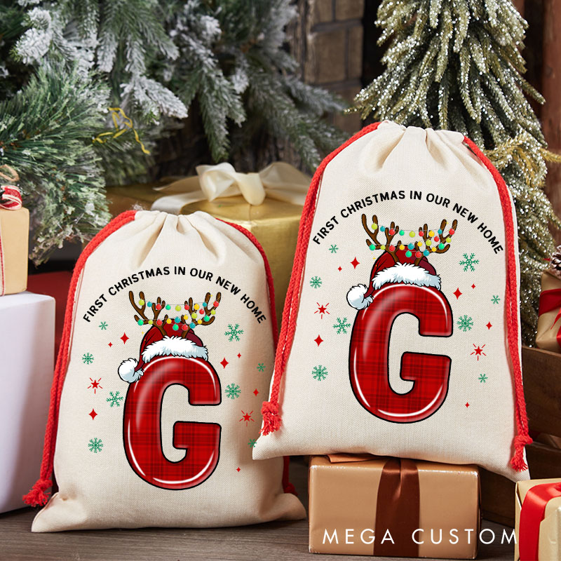 Personalized First Christmas in Our New Home Gift Bag Custom Christmas Sack with Initials Reindeer Design Holiday Decoration New Home Keepsake