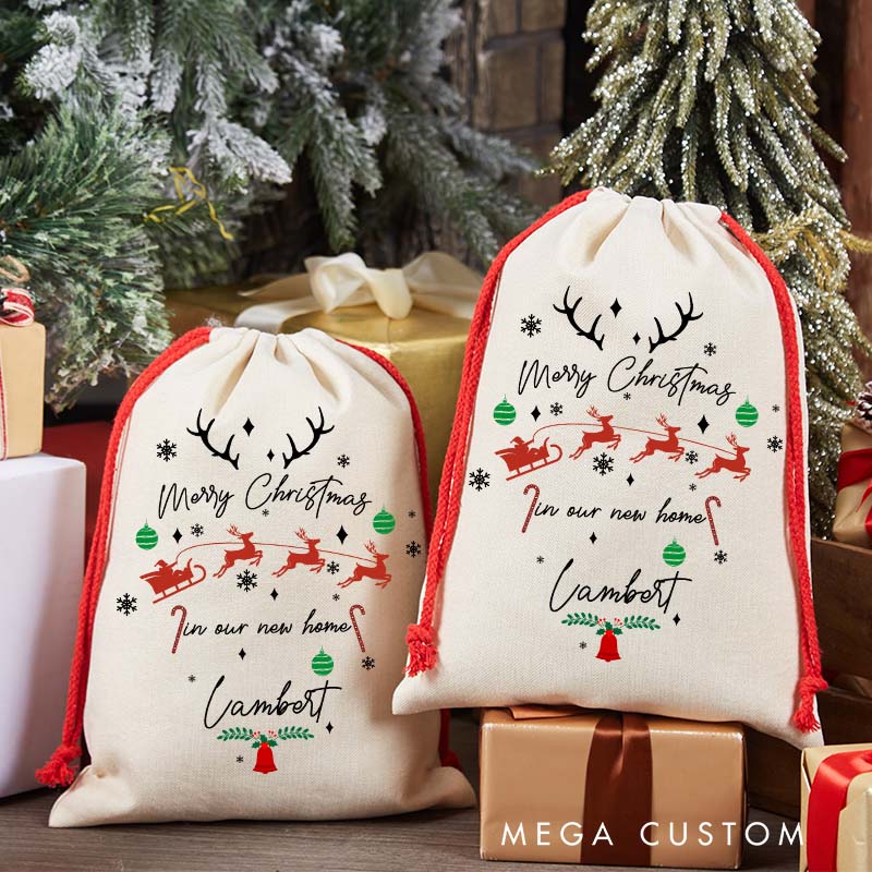 Personalized Merry Christmas in Our New Home Gift Bag Custom Christmas Sack with Name Reindeer and Sleigh Design Holiday Decoration New Home Keepsake