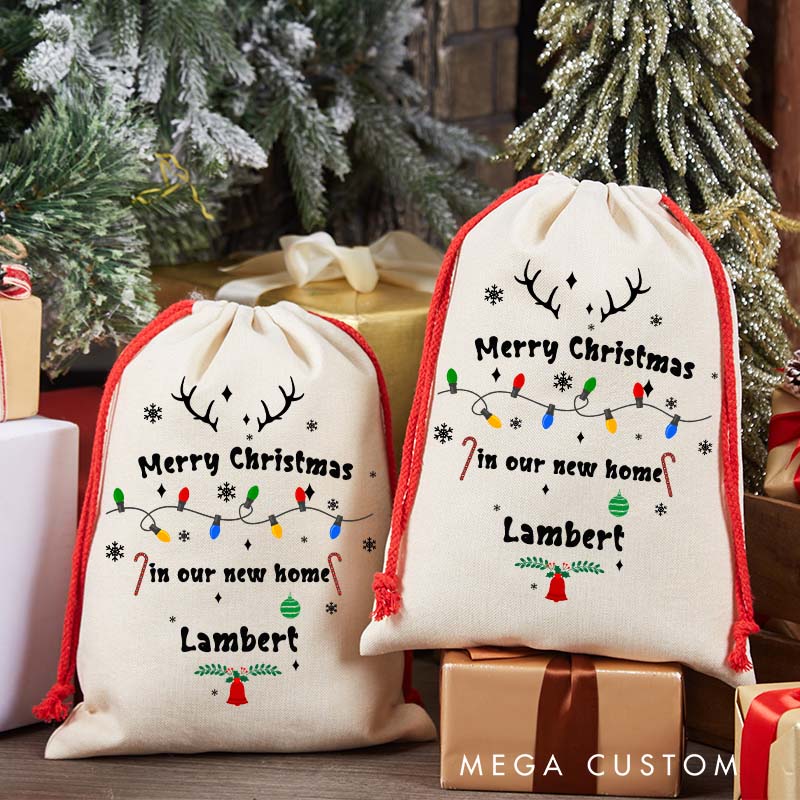 Personalized Merry Christmas in Our New Home Gift Bag Custom Christmas Sack with Name String Lights Design Holiday Decoration New Home Keepsake Gift