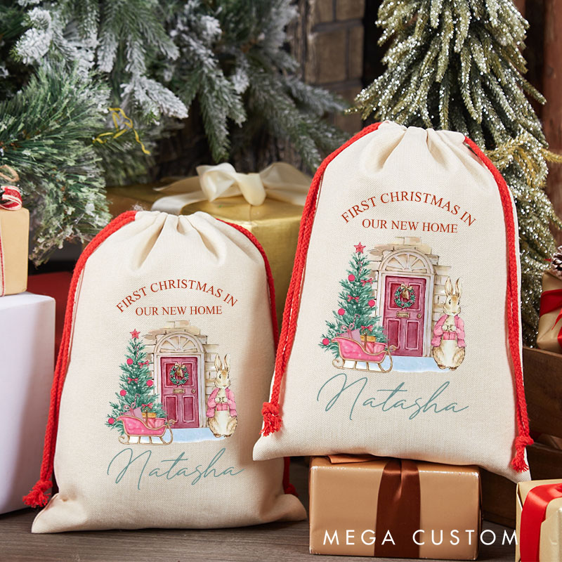 Personalized First Christmas in Our New Home Kids Gift Bag Custom Christmas Sack with Name Bunny and Tree Design Holiday Decoration New Home Keepsake