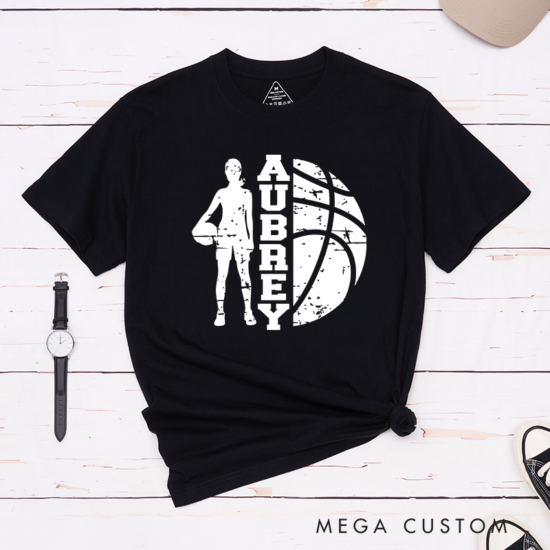 Personalized Basketball T-Shirt Featuring a Player Silhouette Bold Basketball Graphic and Custom Name for a Unique and Stylish Sportswear Look