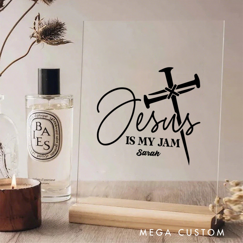 Personalized Jesus Is My Jam Acrylic Sign with Name and Wooden Base Home Decor Birthday Gift for Christians