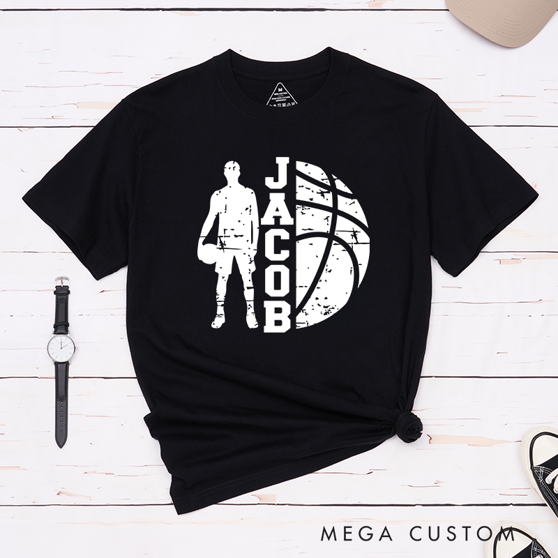 Personalized Basketball T-Shirt Design Featuring Player Silhouette Bold Basketball Graphic and Custom Name for Sports Fans