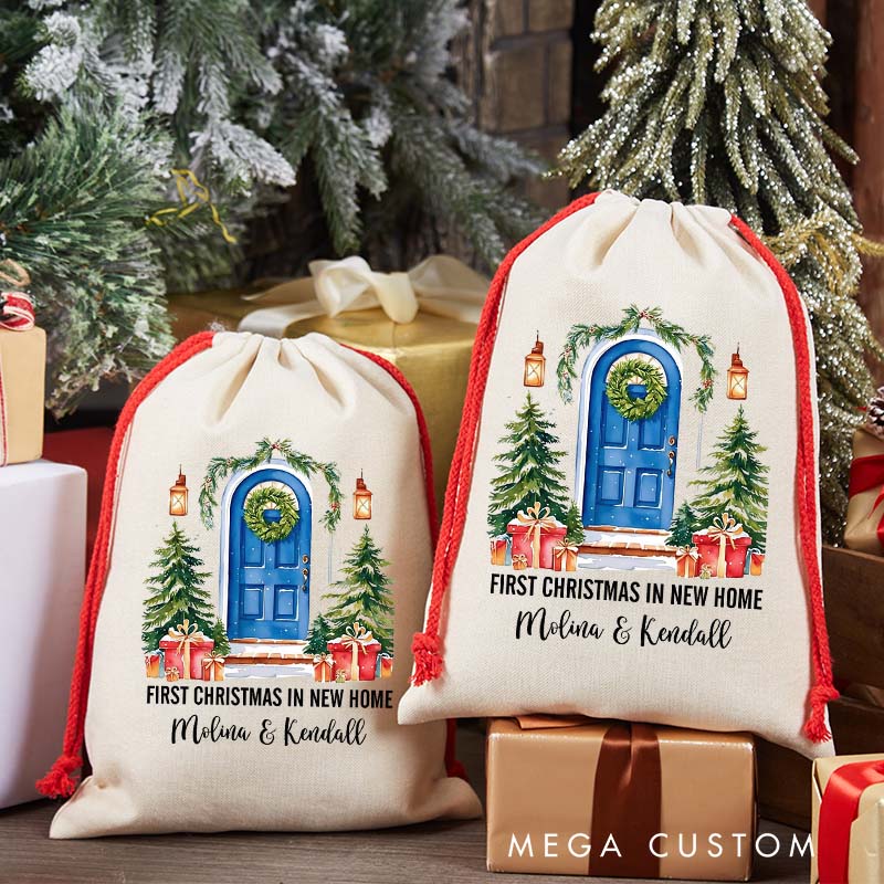 Personalized First Christmas in New Home Gift Bag Custom Christmas Sack with Name Holiday Decoration New Home Keepsake Gift