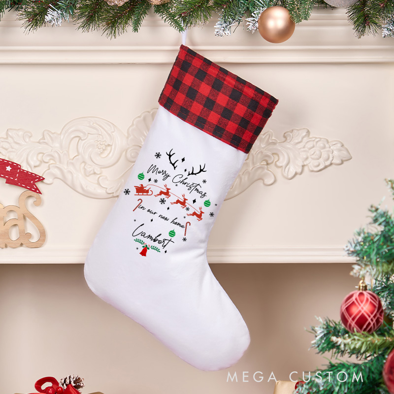Personalized Merry Christmas Stocking Custom Holiday Stocking with Name Reindeer and Sleigh Design Festive Decoration Christmas Keepsake Gift
