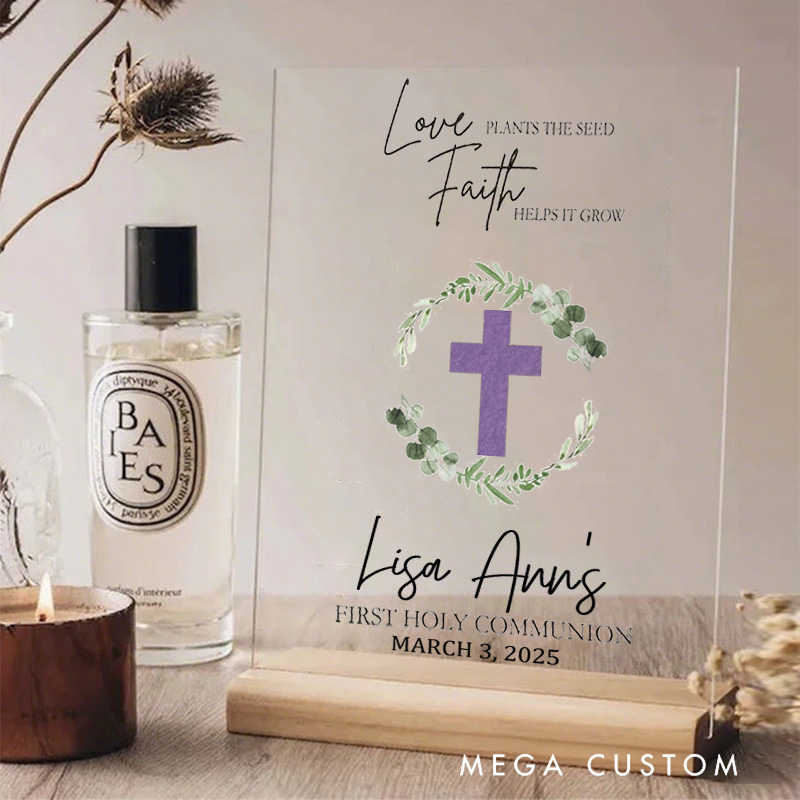 Personalized First Holy Communion Acrylic Sign with Wooden Holder with Name and Date First Communion Gift for Boys and Girls