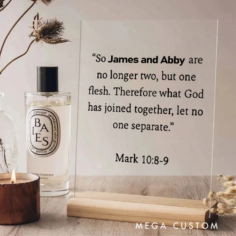 Personalized Mark 10:8-9 Bible Verse Acrylic Sign Wedding Ornament with Name Home Decor Christian Wedding Gift 