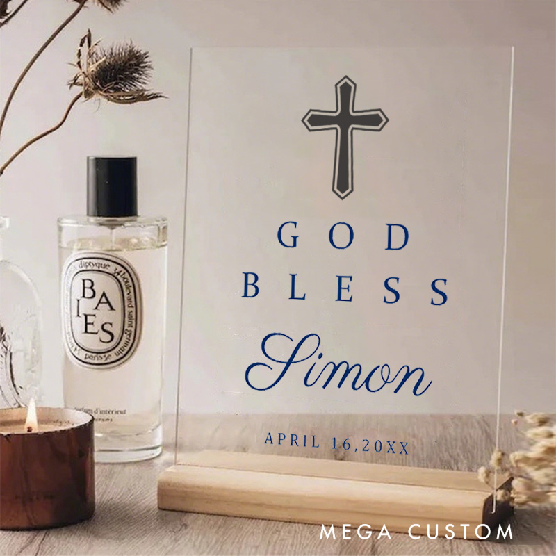 Personalized God Bless Cross Acrylic Plaque with Name and Date Religious Gift for Christians