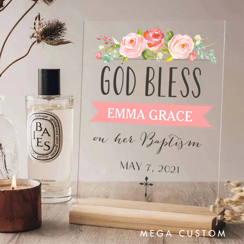 Personalized God Bless Acrylic Sign with Name and Date Religious Gift Baptism Gift for Girls