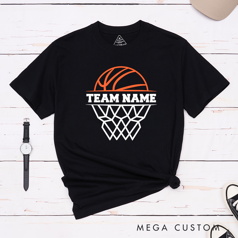 Personalized Basketball Team T-Shirt Design Featuring Custom Team Name Bold Text Dynamic Orange Basketball Graphic and Stylized Hoop Illustration