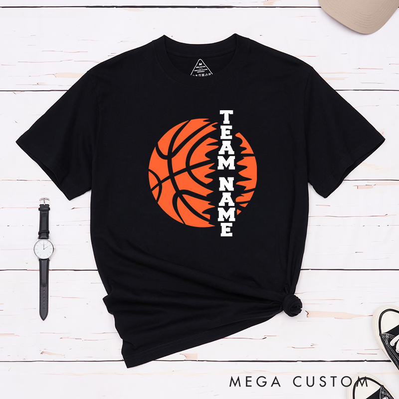 Personalized Basketball Team T-Shirt Design Featuring Custom Team Name Vertical Bold Text Flaming Orange Basketball Graphic