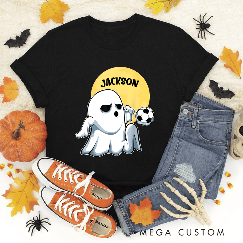 Personalized Halloween Soccer T-Shirt with Cute Ghost and Custom Name Design