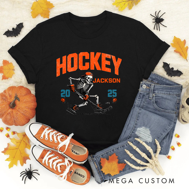 Personalized Halloween Hockey T-Shirt with Skeleton, Custom Name, and Year Design