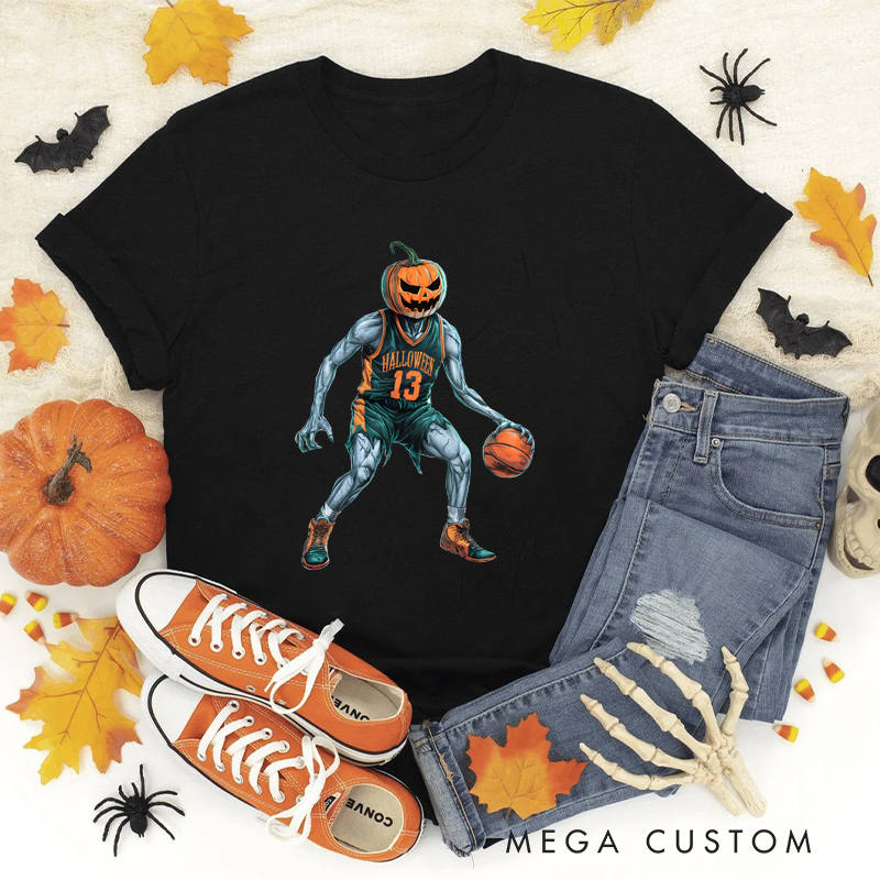 Personalized Halloween Basketball T-Shirt with Pumpkin-Head Player and Customizable Number Design
