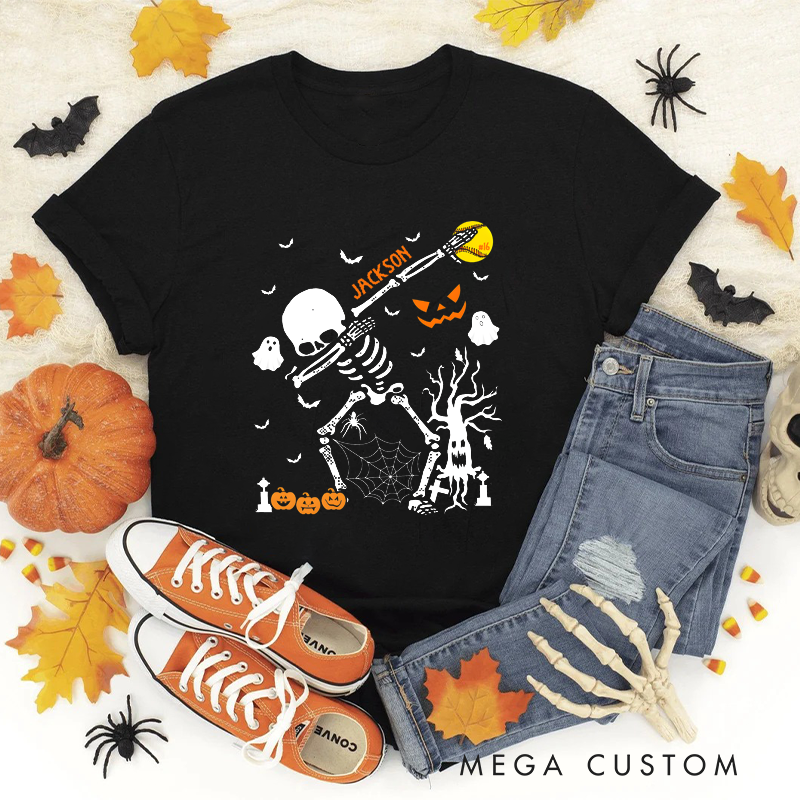 Personalized Halloween Softball T-Shirt with Skeleton, Bat, Custom Name, and Number Design