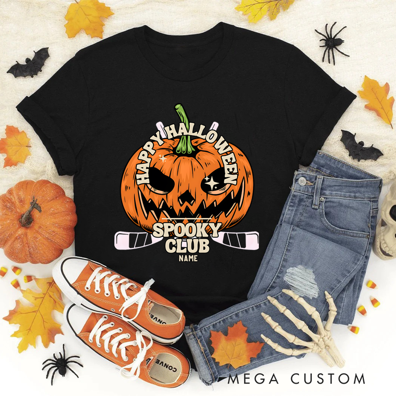Personalized Halloween Hockey T-Shirt with Pumpkin Face and Custom Club Name Design