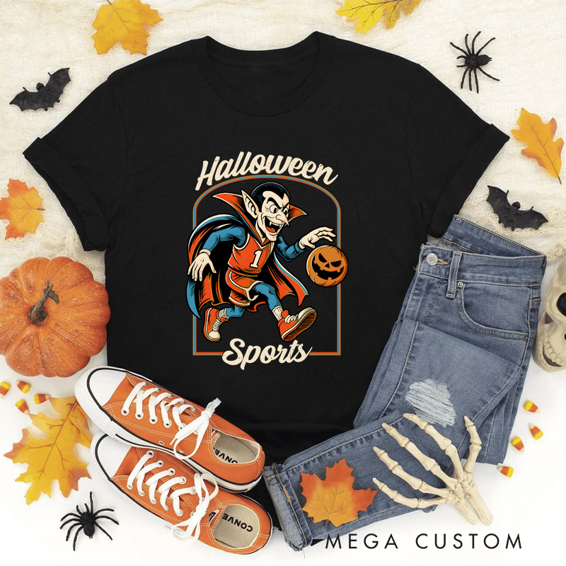 Personalized Halloween Basketball T-Shirt with Vampire, Pumpkin Ball, and Custom Number Design